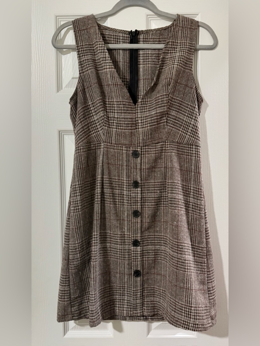 Plaid V-Neck Sleeveless Mini Dress in Brown
